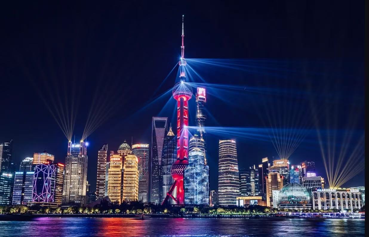 Shanghai skyline at night along the Bund