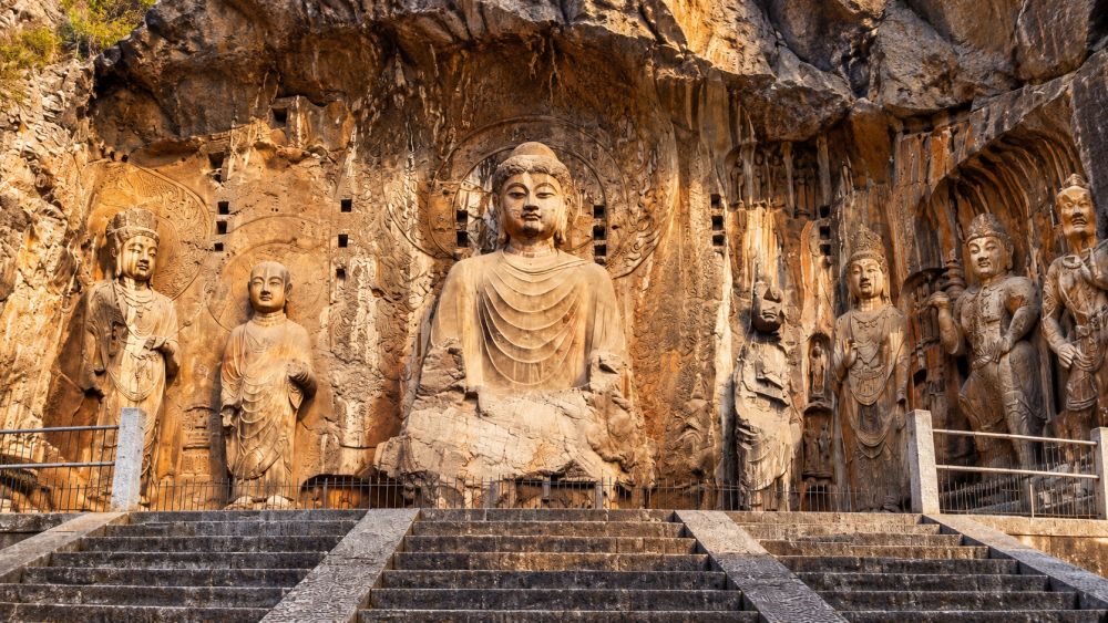 Longmen Grottoes Buddhist carvings in the limestone cliffs beside the Yi River at Luoyang