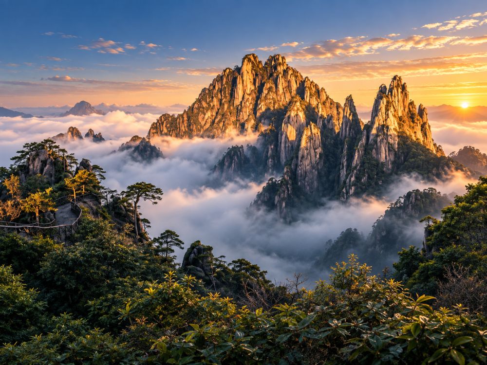 Granite peaks and cloud on Sanqingshan mountain in Jiangxi